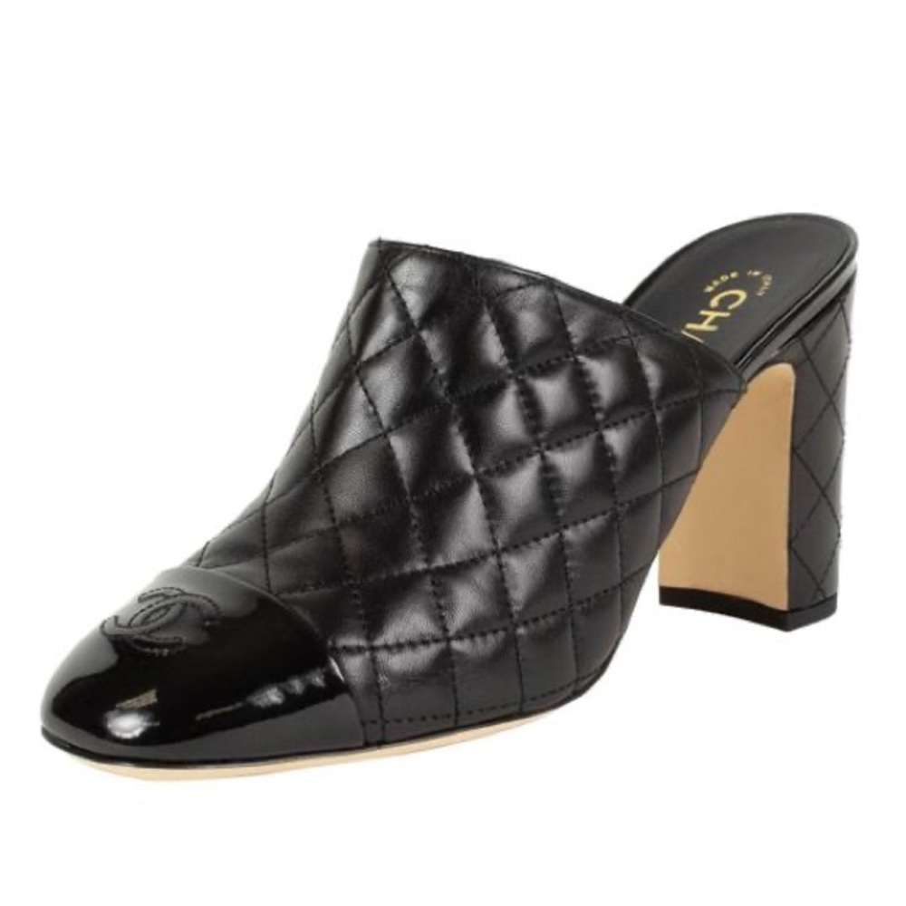 CHANEL Quilted Cap-Toe High Heel Leather Mules